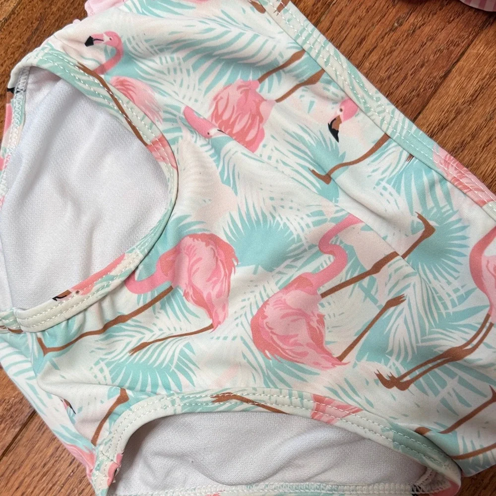 Kids Pink Striped Ruffle Rash Guard Swim Top with Flamingo Briefs ruffle butt